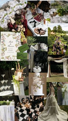 a collage of wedding photos with flowers and decorations on them, including the bride's dress