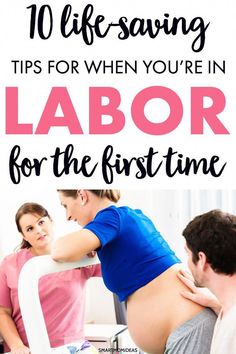 a pregnant woman sitting in front of a man with her back to the camera and text overlay that reads 10 life - saving tips for when you're in labor for the first time