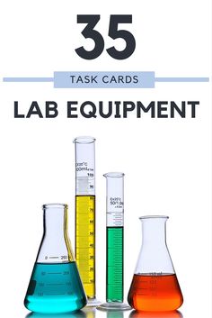 three test tubes filled with colorful liquid and the words, 35 task cards lab equipment