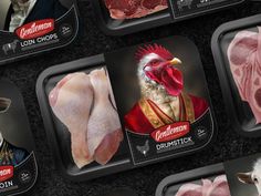 several different types of meat are shown on the table with pictures of their own animals