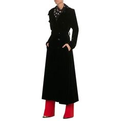 McQ Alexander Mcqueen Black Velvet with Silk Trench Coat-Runway Catalog Coat Runway, Velvet Trench Coat, Cabin Door, Mcq Alexander Mcqueen, Trench Coat Black, Deep Black, Black Silk, Long Length, Brunei