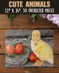 a puzzle with an image of a duck next to eggs and flowers on a wooden table