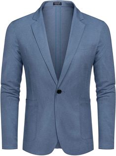 This men’s lightweight blazer is designed for all-day comfort. Ideal for the office or an evening outing, it features a blue hue, long-sleeves, and a lapel collar. Crafted from a breathable fabric blend, you’ll stay cool and comfortable no matter the occasion. 55%Linen45%Cotton Button closure Hand Wash Only High quality cotton linen fabric, lightweight, soft, breathable. Professional suit fabric keeps the sport coat sharp all time Slim Fit Long Sleeve Business Blazer, Slim Fit Solid Blazer For Business Casual, Blue Long Sleeve Blazer For Business Casual, Blue Long Sleeve Business Casual Blazer, Blue Single Button Sport Coat For Business, Long Sleeve Blazer With Welt Pockets For Business Meetings, Blue Single-breasted Blazer For Business Meetings, Business Blue Blazer With Suit Collar, Blue Blazer With Suit Collar For Business Casual