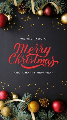 merry christmas and a happy new year greeting card with pine branches, ornaments and gold stars