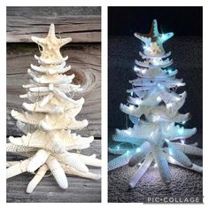 two different types of christmas trees made out of wood and string lights, one is white and the other is light blue