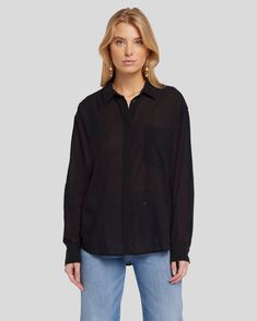 A feminine take on the classic button-up shirt with all of the polish and none of the fuss. Slightly sheer, this collared women's button-down has a relaxed fit, a slightly dropped shoulder, and a patch pocket at the chest. This classic shirt is the perfect complement to any pant. Classic Blouse With Placket, Casual Black Blouse With Spread Collar, Classic Black Blouse For Daywear, Black Spread Collar Shirt For Daywear, Black Blouse With Shirttail Hem For Daywear, Black Everyday Collared Blouse, Everyday Black Blouse With Button Closure, Black Button-up Blouse For Everyday, Classic Black Shirt