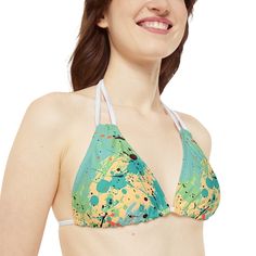 Experience the vibrant energy of our Women's Vibrant Cerulean Splash Strappy Bikini, inspired by our Splash Collection. This eye-catching bikini features a unique design blending shades of Cerulean, Peach, Maroon, and Lime Green. Crafted from an 82% microfiber polyester and 18% spandex blend, this bikini offers a stretchy, medium-weight fabric that is both comfortable and flattering. The top includes removable cups for customizable coverage and comfort. The bikini's adjustable elastic straps ens Rave Outfits Women, Tank Top Swimsuit, Puffer Jacket Men, Rave Gear, Vibrant Energy, Crop Top Tees, Racerback Dress, Swimsuit Dress, Swimsuit Shops