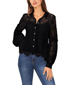 From Vince Camuto&#x2C; this blouse features:Embroidered lace fabricationPoint collar necklineLong bishop sleevesScalloped hemlineButton front closureApprox. 24" in lengthNylon/cotton/rayonHand washImported. Long Sleeve Tops With Lace Trim For Work, Fitted Collared Lace Tops, Collared Lace Blouse With Lace Top, Lace Collared Tops, Elegant Long Sleeve Shirt With Lace Top, Lace Sleeve Tops For Work, Long Sleeve Lace Patchwork Top For Work, Lace Top Button-up For Work, Long Sleeve Top With Lace Patchwork For Work