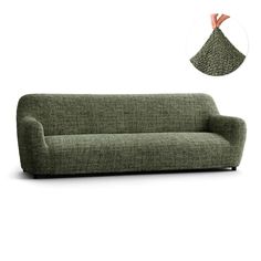 a green couch sitting on top of a white floor next to a pile of dirt