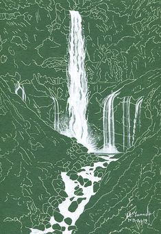 a drawing of a waterfall in the mountains