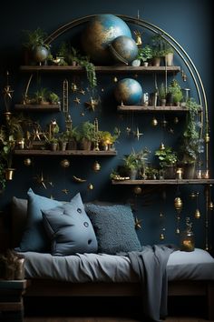 a living room filled with lots of plants on shelves above a couch covered in blue pillows