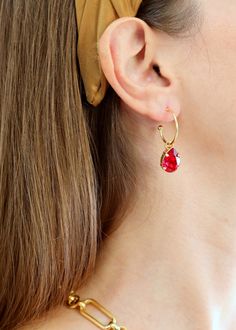 Ruby Red Earrings Hoop Earrings Red Gold Hoop Earrings Gift | Etsy Golden Earrings, Red Earrings, Crystal Drop Earrings, Emerald Earrings, Red Crystals, Crystal Drop, Gold Hoop, Stylish Jewelry, Gold Hoop Earrings