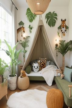 Jungle themed toddler boy bedroom with vibrant colors and decor Jungle Playroom Ideas, Rainforest Theme Bedroom, Toddler Jungle Room, Bedroom Ideas Jungle, Toddler Jungle Bedroom, Girl Jungle Room, Kids Room Jungle Theme, Jungle Toddler Room, Jungle Room Ideas