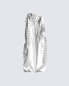 Nothing says “statement piece” like these white vegan leather pants 😮‍💨 Made from a stretch twill, and complete with a triple belt waist, belted leg detailing, and a wide leg fit for a striking look that will always have you at the center of attention 🤍 White Leather Pants, White Corset Dress, Chain Dress, Belted Pants, Kpop Fashion Outfits, Kpop Outfits, Stage Outfits, Kpop Fashion, Mode Inspiration