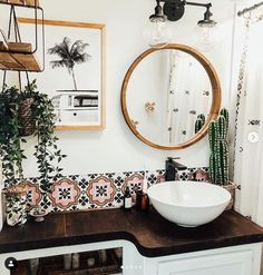 a white sink sitting under a mirror next to a wooden counter topped with potted plants