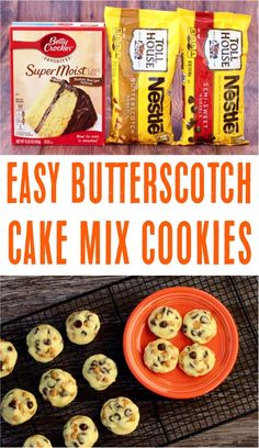 easy butterscotch cake mix cookies on a cooling rack and in front of the recipe