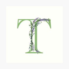 the letter t is made up of flowers and leaves, with green stems on each side