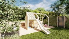 an artist's rendering of a children's play area with a slide in the grass