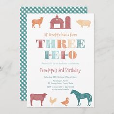 a birthday card with farm animals on it and the words, three fefoo