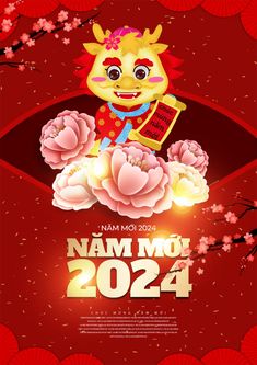 a chinese new year poster with a dragon and flowers