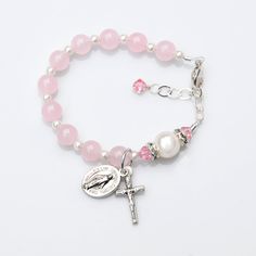 Baby Girl Pink Jade Rosary Bracelet - Baptism Gift - Personalized Custom Initial - Swarovski Crystal Pearls - Christening Gift for Baby Girl by RosariesOfLove on Etsy Beautiful Rosaries, Kid Jewelry, Catholic Bracelet, Gift For Baby Girl, Pink Jade, Sterling Silver Initial, Rosary Bracelet, Single Letter, Rosary Beads