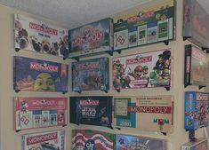 there are many video games on the wall