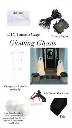 the instructions for how to make homemade ghost decorations with plastic bats and string lights on them