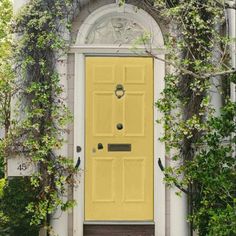 a yellow front door surrounded by greenery