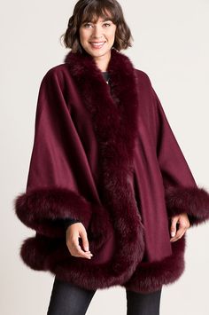 Jodie Cashmere Cape with Fox Fur Trim | Overland Cashmere Cape, Capes & Ponchos, Fur Cape, Cashmere Poncho, Wool Poncho, Wool Cape, Womens Cashmere, Fur Fashion, Dressy Outfits