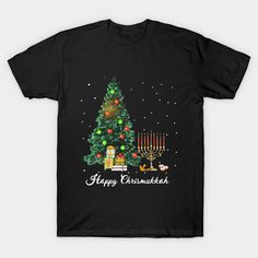 a black t - shirt with a christmas tree and menorah