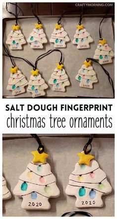 salt dough fingerprint christmas tree ornament is shown in three different pictures and has the words salt dough fingerprint on it