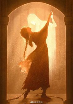 the silhouette of a woman dancing in front of an archway with water pouring from it