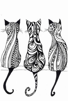 three cats are sitting next to each other in black and white ink on the paper