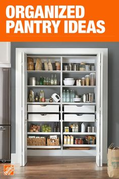 an organized pantry is shown with the words organized pantry ideas in white and orange overlay