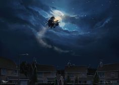 a person standing in the middle of a street under a night sky with stars and clouds