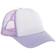 a white and purple trucker hat with an embroidered heart on the front, side view