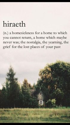 a house in the middle of a field with trees around it and an interesting poem written below