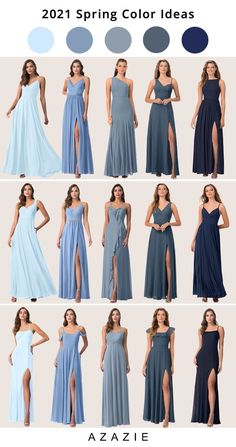 the different colors of dresses are shown in this graphic style, including blue and gray