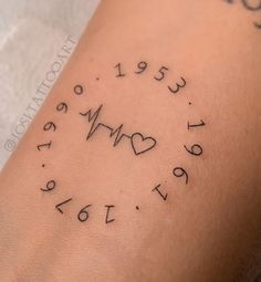 a person with a tattoo on their arm that has numbers and hearts written in it