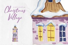 a watercolor drawing of a building with a clock on it's side and the words christmas village written below