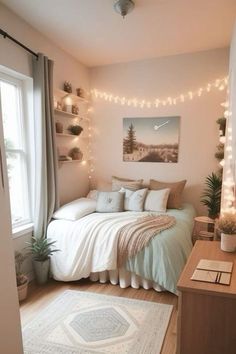 a bedroom with lights strung from the ceiling and a bed in front of a window