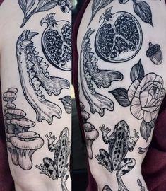 a woman's arm with tattoos on it, including flowers and fruit in the background