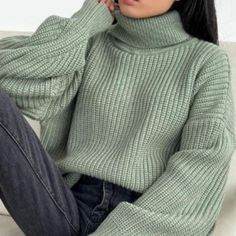 Loose Turtleneck Sweater Elegant Thick Pullover Long Sleeve Knitted Sweater Green, Blue Brand New High Neck Knitted Sweater, Colourful Winter Fashion, Green Long Sleeve Shirt Outfit, Light Green Sweater Outfit, Green Sweater Outfit Winter, Light Green Clothes, Green Winter Outfits, Green Turtleneck Outfit, Light Green Outfit