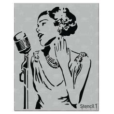 a stencil of a woman singing into a microphone with her hand on her face