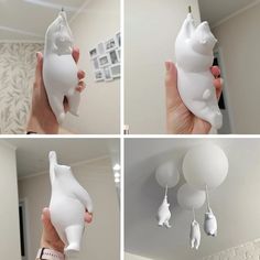 there are four different pictures of a cat in the air with balloons attached to it