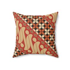 an orange and brown decorative pillow on a white background, with the design of spoons and forks