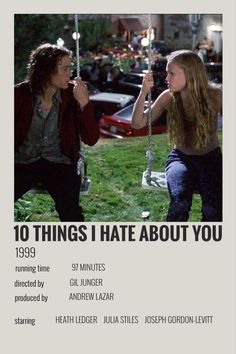 an advertisement for the movie 10 things i hate about you, featuring two people on swings