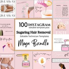 "100 beautiful customizable Instagram post templates for sugaring or hair removal, Instagram templates for beauty, Canva, Social media templates, beauty template, hair removal technician, esthetician is an editable download. Easily change the colors/texts and add your business information and logos. What is included: 100 Social Media Post (Add your logo, edit information & change background colors) It is perfect for any beauty business babe wanting to have a quick and easy way to have beautiful Sugaring Instagram Posts, Waxing Post Ideas, Waxing Instagram Post Ideas, Esthetician Instagram Post Ideas Waxing, Waxing Social Media Post, Sugaring Wax Memes, Waxing Room, Sugaring Hair Removal, Sugar Waxing