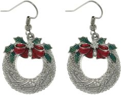 These fun holiday wreath earrings are crafted of pewter with festive enameled green holly and a red bow. These earrings dangle from stainless steel hook findings. Crafted of pewter alloy with a high polish finish Accented with red and green enamel Stainless steel hooks Earring dimensions: 22 mm wide x 42 mm long Complimentary gift box included Christmas Jewelry Diy, Wreath Earrings, Pewter Earrings, Christmas Pendant, Christmas Bead, Holiday Wreath, Holiday Earring, Christmas 2022, Jewelry Christmas