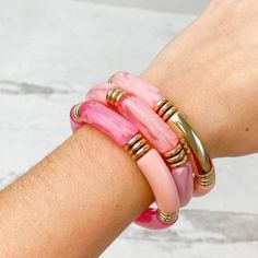 New Boutique Item Prep Obsessed Pink Acrylic Tube Stretch Bracelet Set Of 3 Mix With Other Styles, Or Stack All 3! Resin Base Metal With Gold Accents Stretch - One Size Fits Most Adjustable Pink Stretch Bracelet For Spring, Spring Pink Adjustable Stretch Bracelet, Elegant Pink Bracelets For Beach, Pink Stretch Bracelet For Beach Wear, Beach Pink Stretch Bracelet, Acrylic Bracelet, Tube Bracelet, Acrylic Tube, Pink Acrylic